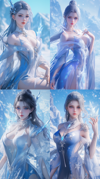 动漫女性全身艺术，冰冻蓝色皮肤，虚幻引擎，浪漫主题，雪山和冰，齐胜洛，照片写实，可爱卡通，非常美丽的女性，雪纺，纯净肌肤，可爱美丽，奢华，3d，全身，雪山背景，冰晶细节，柔和光线，冷色调，细腻肌肤，优雅姿态，浪漫氛围，超现实，高清，细腻纹理，梦幻效果。