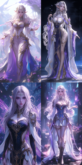 紫罗兰色皮肤精灵，全身仙侠风格，超现实背景，官方插画，天仙女神，商店网站图像，美丽安卓女性，精致，3d风格，全身像，细腻纹理，柔和光线，梦幻色彩，神秘氛围，优雅姿态，高贵气质，精致细节，超现实主义，数字艺术，高分辨率，精致妆容，华丽服饰，仙境场景，魔法元素，神秘感，梦幻感，高贵感，精致感。