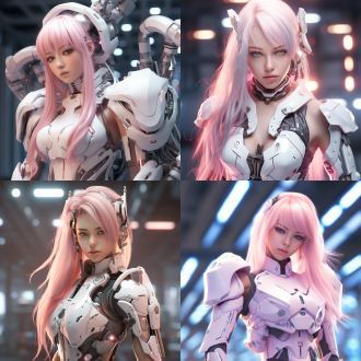 美丽的动漫女性，粉色螺旋双马尾，五官温婉可人，科幻机甲风，白色调，白色科幻战甲，半透明皮肤，身材火辣，简单科幻背景，软光，冷色调，中景全身，正视视角，科技光，三分线构图，塞博彭克风，大师级画质，壁纸级画面，8k，细节细腻，优雅姿态，超现实主义。