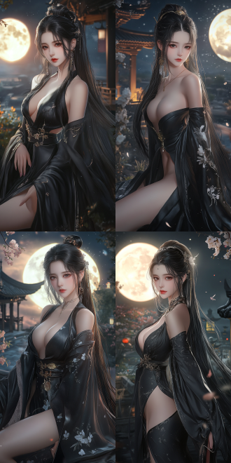 动漫女性全身艺术，希腊女神，漆黑长发，五官细腻美丽，身穿黑丝长袍，身材曼妙，曲线玲珑，背景是明月星空，花园和神殿，奇幻风，时尚风，成熟女性，软光，中景全身，正视视角，二次元3d，大师级画质，壁纸级画面，高分辨率，8k。