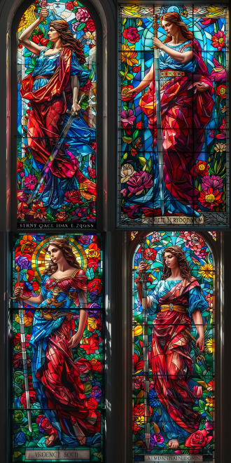 塔罗牌正义图案，彩色牌面，黑白边框，文字底部，cg级画面，对称构图，高细节，室内环境，广角镜头，柔和光线，静态，神秘，深色调，沉思。