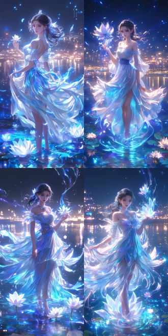 动漫女性全身像蔡徐坤官方宣传画，月光下有白色花朵，写实身体和脸，幻想风格，白皮肤，干净画面，中景构图，冷色调，柔焦，宁静。