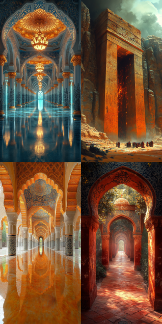 千年帝国与阿拉伯王朝，古代建筑与自然景观，4k高清，高分辨率，暖色调，宏大场景，辉煌荣耀。