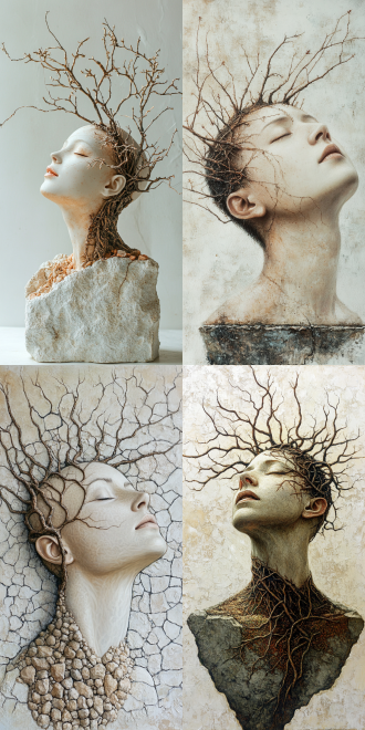 针灸治疗，人物头肩照，美丽头部，石板旁施法，头生树枝，油质高浮雕，白色背景，暖光，特写镜头，神秘氛围。