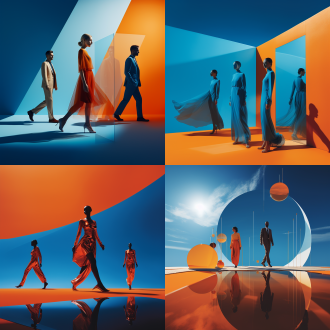 杂志封面拍摄，情绪摄影，cd封面，橘色和青色的渐变光影，慢镜头下的走路的人物，大面积留白，当代艺术创想作品，获奖创意作品，大师级构图，黄金比例构图，8k