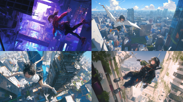 少女的极限运动翼装飞行，在楼与楼之间穿梭，夸张人物运镜，增强现实表现方式