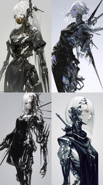 白发黑瞳的少女，透明玻璃胸腔，无肋骨结构，无布着覆盖，玻璃手臂和黑色手臂骨架，机械美学，商业宣传人物镜头，动画虚实效果，前卫机能风，v-ray动画渲染