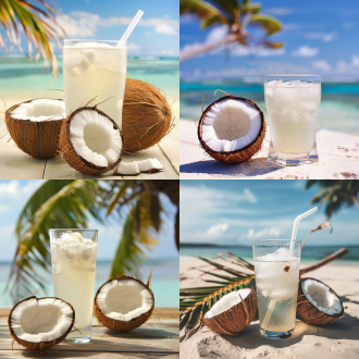 椰子汽水，椰树沙滩背景
