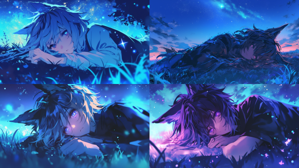 流光长发的狼耳青年男性，深紫色眼睛，四芒星瞳孔，疲惫感，仰面躺在发光草地上看星空，手绘动漫插画，大画幅，环境衬托，星光