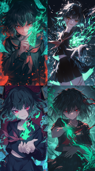 黑色短发的少女，自信的笑容，身穿黑色水手服，锐利的暗红色眼睛，左眼刀疤，腰部符文，手指夹着绿色火焰的符纸，人鬼交错，黑白拼接的空间，商业手绘动漫封面，大画幅，环境衬托，光暗交错的光影，中心线对立