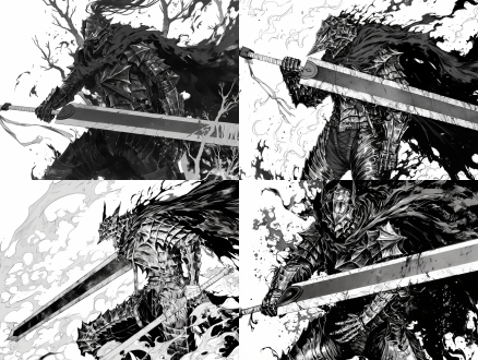 剑风传奇，berserk，狂战士铠甲，咆哮，挥舞着斩龙剑，燃烧的古代树背景，日本漫画风格，三浦健太郎，黑白工笔画