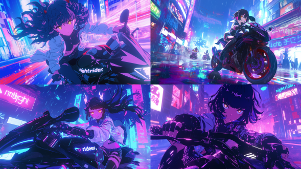 黑色短发少女，m型刘海，金色眼睛，十字形瞳孔，觉醒的眼神，白色马甲，暴雨东京夜，洋红&青蓝霓虹灯，骑赛车摩托狂飙，场景人物荧光手绘，图片中央写着：“night rider”,后启示录风动画质感，光线追踪，极致真实＆二次元入侵，3d平面渲染，布料材质，blender 3d anime，
