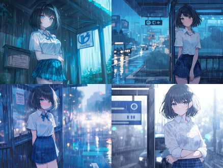 黑色波波头短发的少女，灰蓝色眼睛，细腻的发丝，身穿白色衬衣，蓝色格子超短裙，站在露天公交站雨里等待，阴雨天光线，路灯光线，anime精致插画