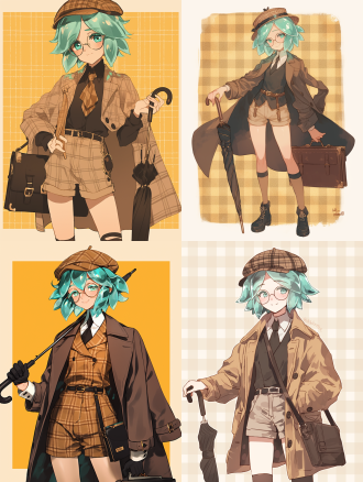 land of the lustrous，磷叶石穿着英伦风大衣，头戴鸭舌帽，手腕上挂着雨伞，戴着圆眼镜，身边放着小皮箱，卡其色短裤，斯文的微笑，泛黄的格子纹背景，角色设计线稿
