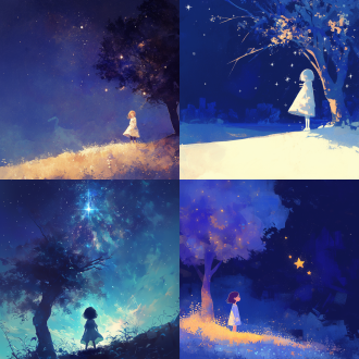 小女孩依树观星，夜晚星空，孤独氛围，低角度拍摄，长曝光，冷色调，树影婆娑，星光闪烁，柔和侧光，静谧表情。