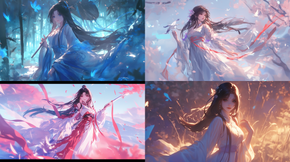 小舞乌黑长发如绸缎，眼睛灵动似宝石，远镜头拍摄，户外，柔和光线，中景构图，飘逸长裙，甜笑，冷色调，宁静。