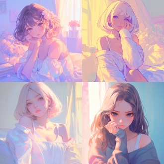 可爱女孩撒娇，三分构图，清新风，卧室中，粉色调，长焦镜头，逆光，嘟嘴，甜美，活泼。