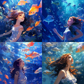 海底世界，鱼群环绕，长发少女溺水，气泡串联，蓝调背景，高光对比，广角镜头，侧光，慢快门，海洋生态，平面插画，手绘风，笔触质感，水彩效果，柔和光线，细节丰富，色彩鲜艳，动态捕捉，梦幻氛围。