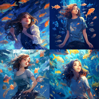 海底世界，色彩斑斓鱼群，衬衫长发少女溺水，气泡串，蓝调，高光对比，广角镜头，侧光，慢快门，海洋生态，平面插画，手绘风，笔触质感，水彩效果，柔和光线，细节丰富，色彩鲜艳，动态捕捉，梦幻氛围。