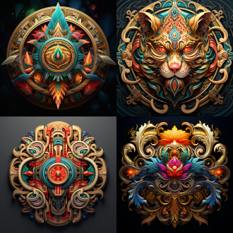 徽章设计，对称构图，明亮室内，细节丰富，微距镜头，自然光，绘画动作，多元素，鲜艳色彩，创意灵感，兴奋。