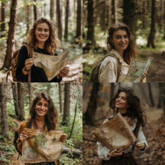 生成一张森林中手拿地图微笑的女子图片