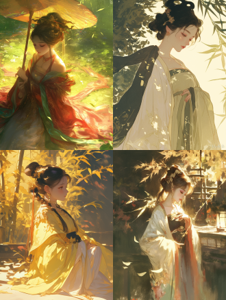 女子古装园中，俯视视角，细节丰富，优雅姿态，丝竹声环绕，琴棋书画元素，柔光照射，长焦镜头，细腻色彩，宁静氛围。