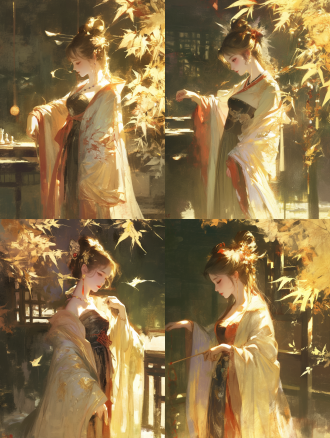 女子古装园中，俯视视角，细节丰富，优雅姿态，丝竹声环绕，琴棋书画元素，柔光照射，长焦镜头，细腻色彩，宁静氛围。