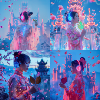 一个身穿旗袍的中国女子手里拿着一片树叶，带着闪着霓虹灯的耳机，站在一座科技城堡前面对着城堡，花瓣围绕在周围，超现实摄影，蓝粉色，中景，jimmy marble