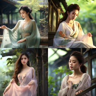 古风中国美女，深v领低胸设计，优雅姿态，透明丝绸质感，柔和光线，浅景深，自然色彩，宁静表情，微风拂动，长裙飘逸，细腻肌肤，古典园林背景，侧光照明，高清细节。