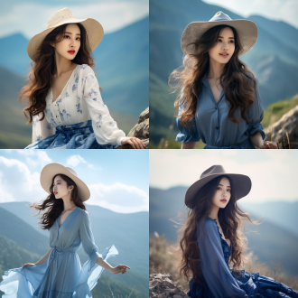 中国美女，山顶风景，阳光灿烂，清新自然，群子，高冷，长发飘逸，中景镜头，柔和光线，戴现代流行帽，蓝白配色，愉悦心情。