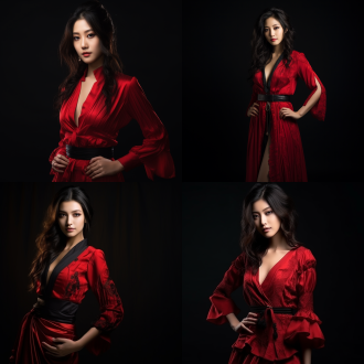 黑色背景，东方现代美女，红色衣服，个性，拽，半身照，柔和光线，自然姿态，高冷。