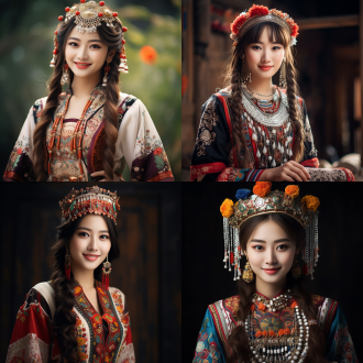 民族服装，中国现代东方美女，一个人， 有各个民族特色，中景，全身，半身照，柔和光线，自然姿态，鲜艳色彩，青春少女，愉悦情感。