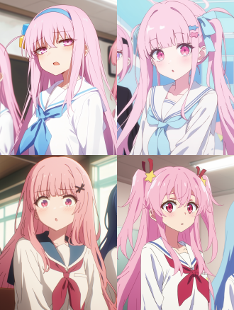 1girls,:o,bangs,blue_neckerchief,hair_ornament,hairband,hairclip,long_hair,long_sleeves,multiple_girls,neckerchief,open_mouth,pink_eyes,pink_hair,pink_neckerchief,red_neckerchief,school_uniform,serafuku,shirt,star_\(symbol\),upper_body,white_shirt, indoor, masterpiece, best quality