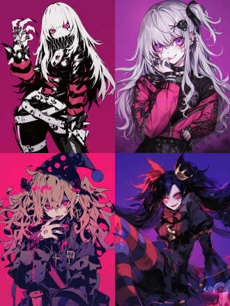长发的动漫女孩在紫色背景前摆姿势，以惊人的插图，条纹绘画，trashcore，kawacy，暗银和红色，漫画艺术，小丑的风格