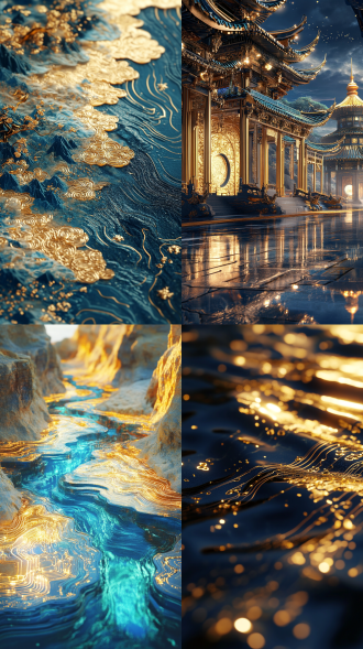 蓝金山水景观，对角线构图，广角镜头，传统中式风，3d 插画，电路板效果发光，色彩丰富，壮丽宏大，暖侧光。