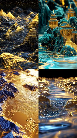 blue and gold landscape, rich in detail, wide-angle lens, fluid photography, traditional style, magnificent scenery, circuit board effect, glowing, chinese style, thousands of mountains and rivers, 3d illustration, blue and gold color scheme, magnificent, grand, rich in color.