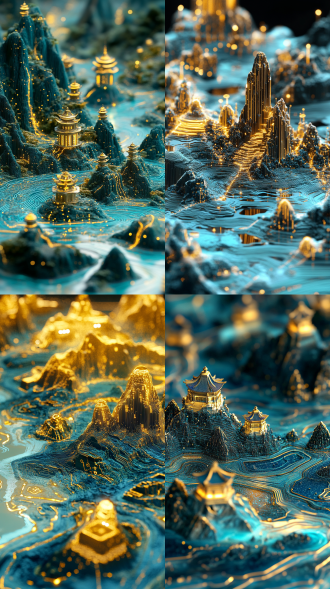 blue and gold landscape, rich in detail, wide-angle lens, fluid photography, traditional style, magnificent scenery, circuit board effect, glowing, chinese style, thousands of mountains and rivers, 3d illustration, blue and gold color scheme, magnificent, grand, rich in color.