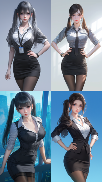 中国美少女，双马尾，ol工作制服，包臀短裙，半身，小腿以上部分，黑色丝袜，黑灰色制服，白色内衬，大眼睛，亚洲面孔，可爱，纯色背景，正面镜头，高清，双手叉腰，自信，自然光线，室内，光线充足，高清8k，写实，真实