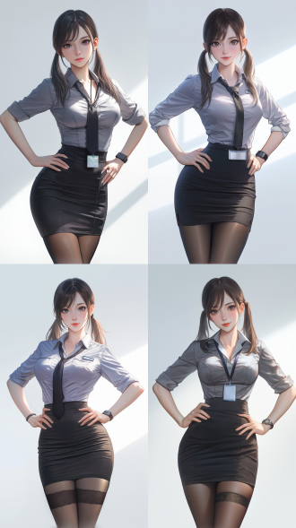 中国美少女，双马尾，ol工作制服，包臀短裙，半身，小腿以上部分，黑色丝袜，黑灰色制服，白色内衬，大眼睛，亚洲面孔，可爱，纯色背景，正面镜头，高清，双手叉腰，自信，自然光线，室内，光线充足，高清8k，写实，真实