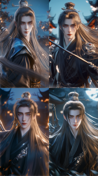 少年，中国风古风，奶茶色长发，超级帅气高级脸，精致五官，白晰皮肤，正视镜头，画面中间，广角镜头，动态模糊，8k分辨率，倾国倾城，详细细节，正视镜头，高对比度，暖色调，侧光，紧张，神秘。清晰，8k，cg图，霸气！强壮的身体，英雄气概，电闪雷鸣，手拿长剑真实比例，背景玄幻场景，御剑飞行，剧烈动作，动态光影，三维，虚幻引擎，oc渲染器，逼真照片