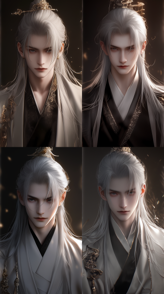 年轻男子，中国风，古风，白发，古装，超级帅气，高级精致面容，细长眉毛，双眼皮，玉冠头饰，薄唇饱满，线条清晰，黑暗系，逼真照片，超清画质，8k古建筑，cg，前视图，霸气！高光，广角镜头，对称构图，冷色调，神秘氛围，动态捕捉，面对镜头。