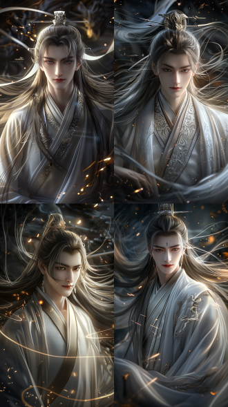 少年，中国风古风，奶茶色长发，超级帅气高级脸，精致五官，白晰皮肤，正视镜头，画面中间，广角镜头，8k分辨率，倾国倾城，详细细节，正视镜头，清晰，cg图，霸气！超现实，强壮的身体，英雄气概，电闪雷鸣，手拿长剑真实比例，背景玄幻场景，御剑飞行，剧烈动作，动态光影，三维，虚幻引擎，oc渲染器，逼真照片