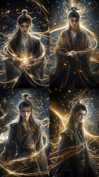 中国古代年轻男子，超级帅气，精致容貌，奶茶色长发，玄色古装，线条清晰，8k，cg图，霸气！超现实，强壮的身体，顶天立地，英雄气概，电闪雷鸣，手拿长剑真实比例，背景玄幻场景，御剑飞行，剧烈动作，动态光影，广角镜头，三维，虚幻引擎，oc渲染器，