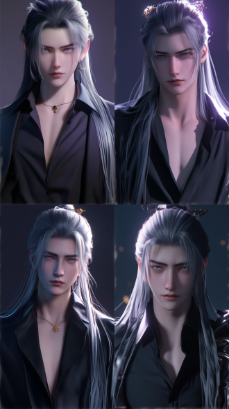 一个年轻男子，五官精致，剑眉星目，身型挺拔健壮，中国风，古风，线条清晰，黑色长发，仙侠风格古装，脸上打光，超现实，动漫增强，超清32k，对称构图。