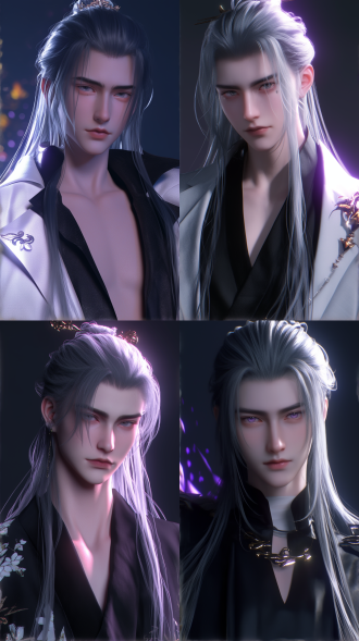 一个年轻男子，五官精致，剑眉星目，野性难训，身型挺拔健壮，中国风，古风，线条清晰，黑色长发，仙侠风格古装，脸上打光，超现实，动漫增强，超清32k，对称构图。