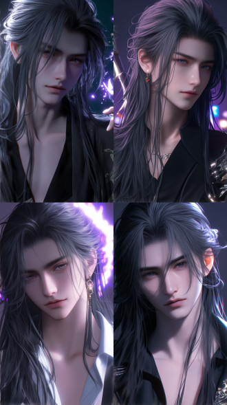 一个年轻男子，五官精致，剑眉星目，野性难训，身型挺拔健壮，中国风，古风，线条清晰，黑色长发，仙侠风格古装，脸上打光，超现实，动漫增强，超清32k，对称构图。