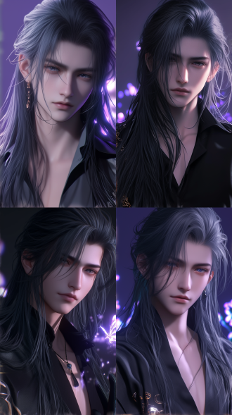 一个年轻男子，五官精致，剑眉星目，野性难训，身型挺拔健壮，中国风，古风，线条清晰，黑色长发，仙侠风格古装，脸上打光，柔光，超现实，动漫增强，超清32k，对称构图。