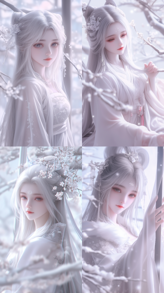 古典美女，国风，精致透光古装，蜀绣刺，白色长发，华丽发鬓，柳眉，大眼睛，桃花唇，毛绒绒的狐狸大耳朵！肤质细膩，超清五官，脸上打光，自然光，柔和的光线，对称构图，长焦镜头，细膩纹理，32k高清壁纸，超高清画质，绝美容颜，广角镜头，全景透视，正面图，仙侠风格