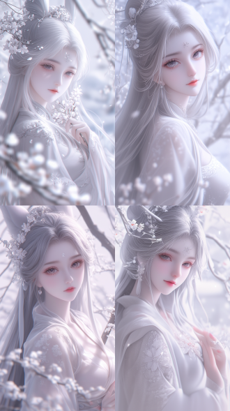 古典美女，国风，精致透光古装，蜀绣刺，白色长发，华丽发鬓，柳眉，大眼睛，桃花唇，毛绒绒的狐狸大耳朵！肤质细膩，超清五官，脸上打光，自然光，柔和的光线，对称构图，长焦镜头，细膩纹理，32k高清壁纸，超高清画质，绝美容颜，广角镜头，全景透视，正面图，仙侠风格