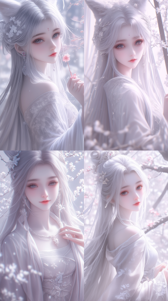 古典美女，国风，精致透光古装，蜀绣刺，白色长发，华丽发鬓，柳眉，大眼睛，桃花唇，毛绒绒的狐狸大耳朵！狐狸尾巴！肤质细膩，超清五官，脸上打光，自然光，柔和的光线，对称构图，长焦镜头，细膩纹理，32k高清壁纸，超高清画质，绝美容颜，广角镜头，全景透视，正面图，仙侠风格